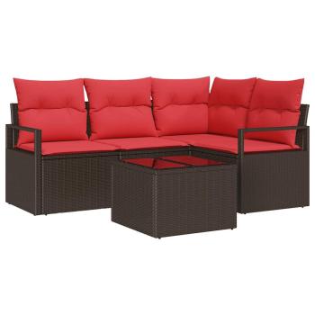 Gartensofa-set mit Kissen 5 pcs Braun und Rot Poly-Rattan