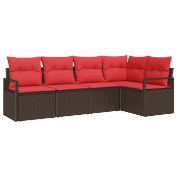 Gartensofa-set mit Kissen 5 pcs Braun und Rot Poly-Rattan