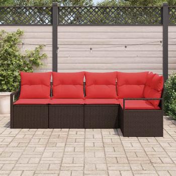 Gartensofa-set mit Kissen 5 pcs Braun und Rot Poly-Rattan
