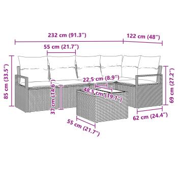 Gartensofa-set mit Kissen 6 pcs Braun und Rot Poly-Rattan