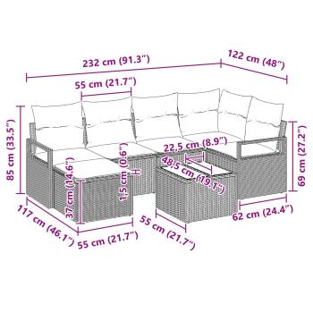 Sofa Set mit Kissen 7 pcs Braun und Rot Poly-Rattan