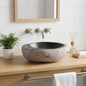 ARDEBO.de - Waschbecken Oval Grau (32-37) x (27-30) x 12 cm Flussstein