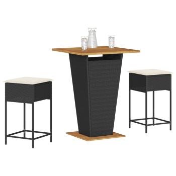 ARDEBO.de - 3-tlg. Gartenbar-Set mit Kissen Schwarz Poly Rattan