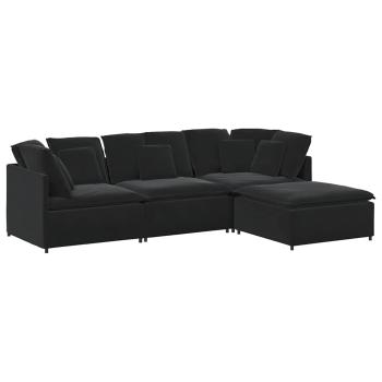 Modulares Sofa mit Fußhocker Kissen Samt Schwarz