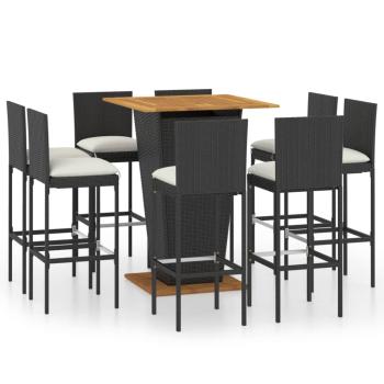 9-tlg. Gartenbar-Set mit Kissen Poly Rattan Schwarz