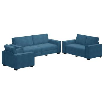 3-tlg. Sofagarnitur mit Kissen Blau Samt