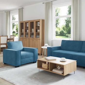 3-tlg. Sofagarnitur mit Kissen Blau Samt