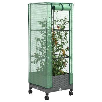 Gartenplanter mit Gewächshausabdeckung und Rädern Hellgrau PP