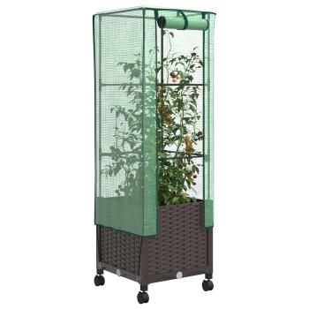 Gartenplanter mit Gewächshausabdeckung und Rädern Braun PP