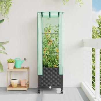 ARDEBO.de - Gartenplanter mit Gewächshausabdeckung und Rädern Schwarz PP