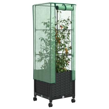 Gartenplanter mit Gewächshausabdeckung und Rädern Schwarz PP