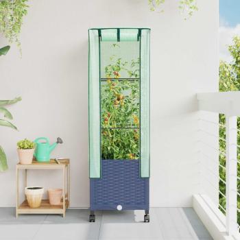 ARDEBO.de - Gartenplanter mit Gewächshausabdeckung und Rädern Blaugrau PP