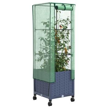 Gartenplanter mit Gewächshausabdeckung und Rädern Blaugrau PP