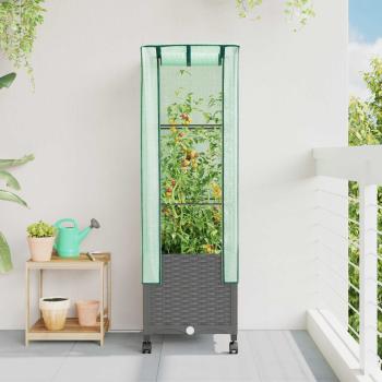 ARDEBO.de - Gartenplanter mit Gewächshausabdeckung und Rädern Hellgrau PP