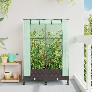 ARDEBO.de - Gartenplanter mit Gewächshausabdeckung und Rädern 2 stk. Braun