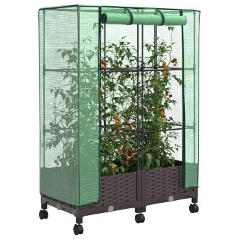Gartenplanter mit Gewächshausabdeckung und Rädern 2 stk. Braun