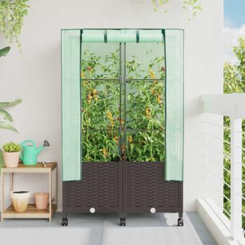 ARDEBO.de - Gartenplanter mit Gewächshausabdeckung und Rädern 2 stk. Braun