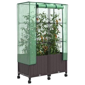 Gartenplanter mit Gewächshausabdeckung und Rädern 2 stk. Braun