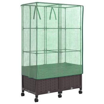Gartenplanter mit Gewächshausabdeckung und Rädern 2 stk. Braun