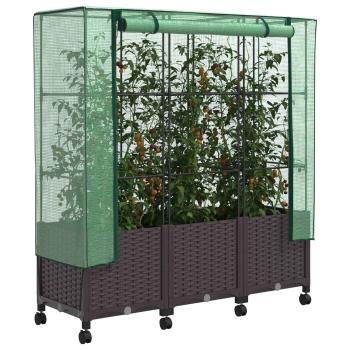 Gartenplanter mit Gewächshausabdeckung und Rädern 3 stk. Braun