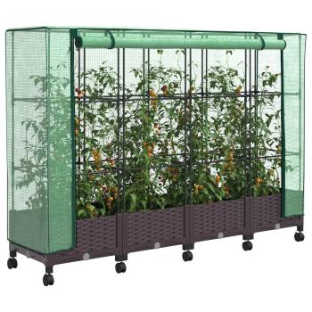 Gartenplanter mit Gewächshausabdeckung und Rädern 4 stk. Braun