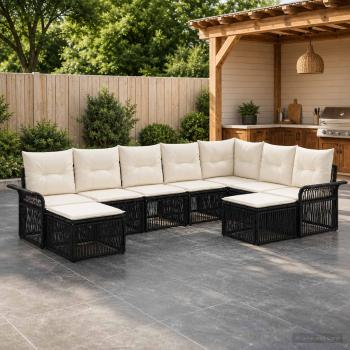 ARDEBO.de - Gartensofa-set 9 stk. Schwarz und Cremeweiß Poly-Rattan