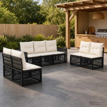 ARDEBO.de - Gartensofa-set 7 stk. Schwarz und Cremeweiß Poly-Rattan