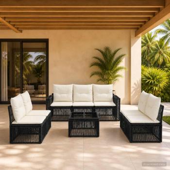 ARDEBO.de - Gartensofa-set 8 stk. Schwarz und Cremeweiß Poly-Rattan