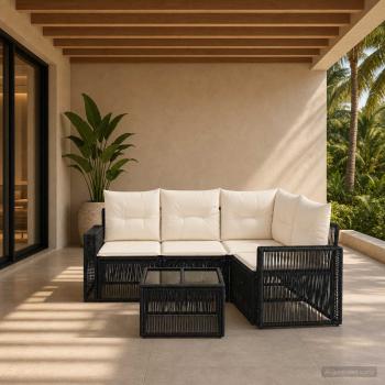 ARDEBO.de - Gartensofa-set 5 stk. Schwarz und Cremeweiß Poly-Rattan