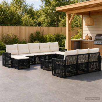 ARDEBO.de - Gartensofa-set 11 stk. Schwarz und Cremeweiß Poly-Rattan
