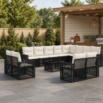ARDEBO.de - Gartensofa-set 13 Stk. Schwarz und Cremeweiß Poly-Rattan