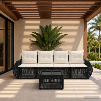 ARDEBO.de - Gartensofa-set 5 stk. Schwarz und Cremeweiß Poly-Rattan