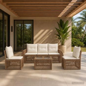 ARDEBO.de - Gartensofa-set 6 Stk. Beige und Cremeweiß Poly-Rattan