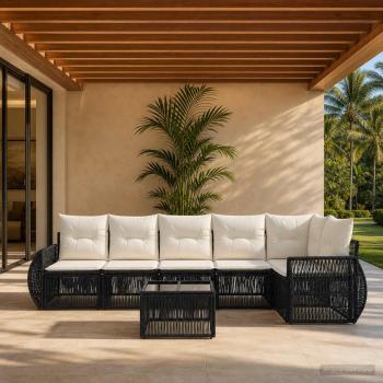 ARDEBO.de - Gartensofa-set 7 stk. Schwarz und Cremeweiß Poly-Rattan