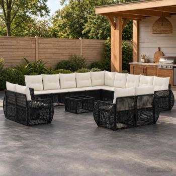 ARDEBO.de - Gartensofa-set 14 stk. Schwarz und Cremeweiß Poly-Rattan