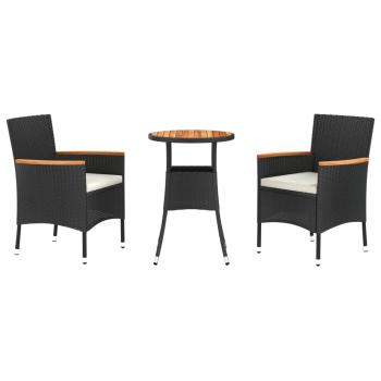 3-tlg. Garten-Bistro-Set mit Kissen Schwarz Poly Rattan