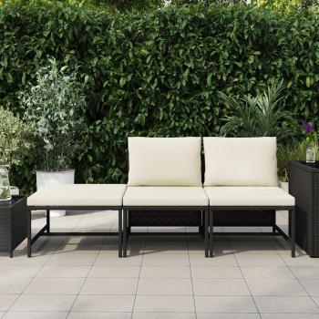 3-tlg. Garten-Sofagarnitur mit Auflagen Schwarz Poly Rattan