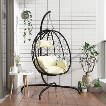 ARDEBO.de - Hängesessel mit Kissen Cremeweiß Poly Rattan & Stahl