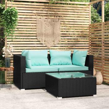 ARDEBO.de - 3-tlg. Garten-Lounge-Set mit Kissen Schwarz Poly Rattan