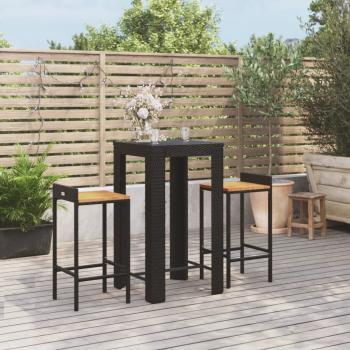 ARDEBO.de - 3-tlg. Gartenbar-Set Schwarz Poly Rattan & Massivholz Akazie