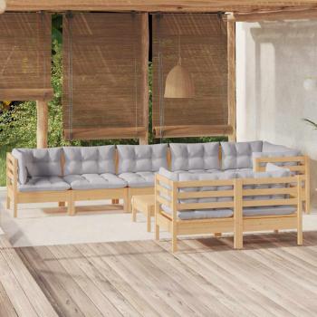 ARDEBO.de - 9-tlg. Garten-Lounge-Set mit Grauen Kissen Kiefer Massivholz