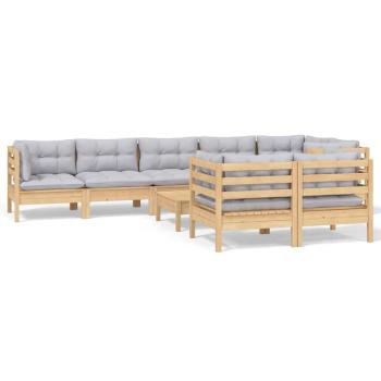 9-tlg. Garten-Lounge-Set mit Grauen Kissen Kiefer Massivholz