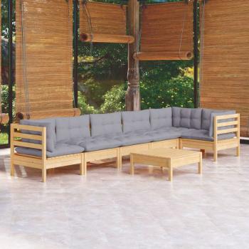 ARDEBO.de - 7-tlg. Garten-Lounge-Set mit Grauen Kissen Kiefernholz