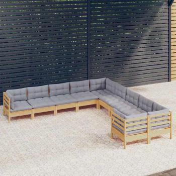 ARDEBO.de - 10-tlg. Garten-Lounge-Set mit Grauen Kissen Kiefernholz