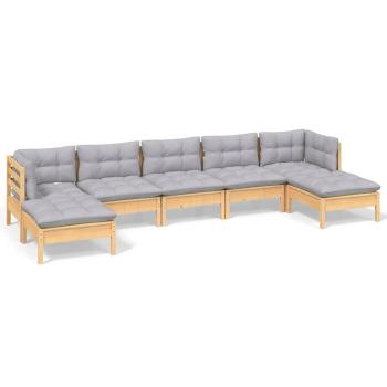 7-tlg. Garten-Lounge-Set mit Grauen Kissen Kiefernholz