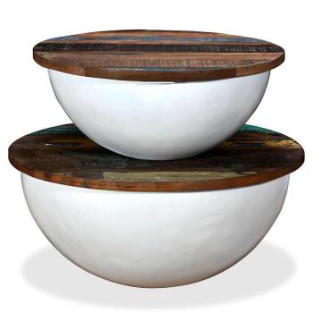 2-tlg. Couchtisch-Set Altholz Massiv Wei? Schalenform