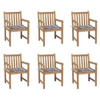 ARDEBO.de - Gartenstühle 6 Stk. Graue Karomuster-Kissen Massivholz Teak