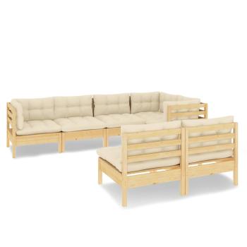 7-tlg. Garten-Lounge-Set mit Creme Kissen Massivholz Kiefer