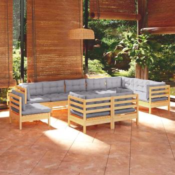 ARDEBO.de - 10-tlg. Garten-Lounge-Set mit Grauen Kissen Kiefer Massivholz