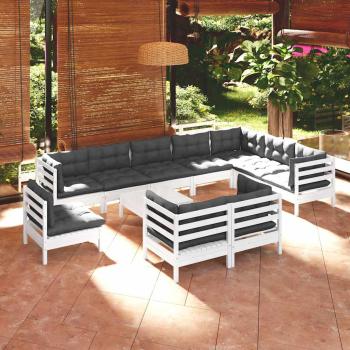 ARDEBO.de - 11-tlg. Garten-Lounge-Set mit Kissen Weiß Kiefer Massivholz